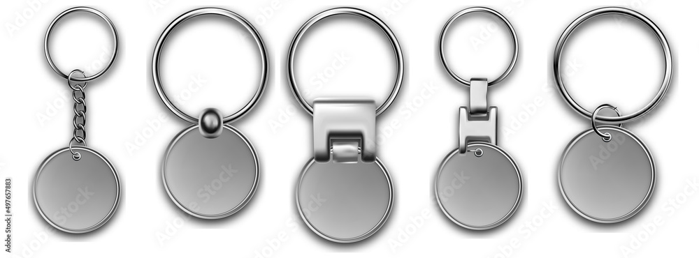 Keychains set round keyring holders with isolated on white background. Silver colored accessories or souvenir pendants mockup.Realistic keychain template set. Keychains set round keyring holders with isolated on white background. Silver colored accessories or souvenir pendants mockup.Realistic keychain template set.