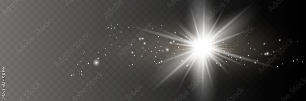 Obraz premium Yellow glowing light explodes on a transparent background. Sparkling magical dust particles. Bright Star. Transparent shining sun, bright flash. Vector sparkles. To center a bright flash.