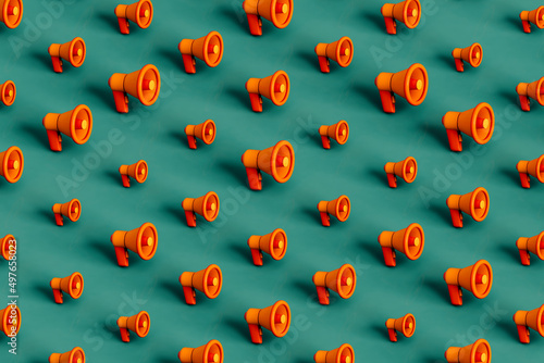 pattern of Orange megaphones in different position on green. 3d render photo