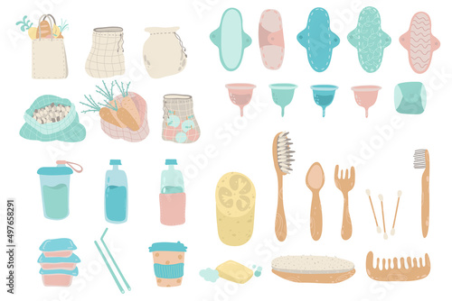 Collection Zero Waste lifestyle reusable items, products - glass jars, eco grocery bags, wooden cutlery, comb, toothbrush and brushes, menstrual cup. Flat vector illustration set. No plastic