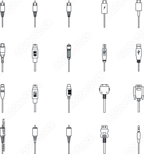Cables and plug connectors flat vector outline collection set