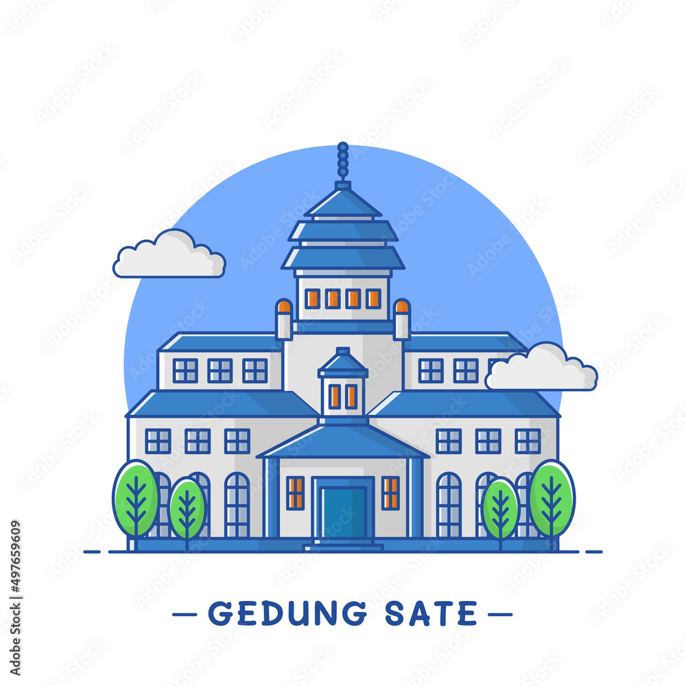 illustration icon Gedung Sate is a historic building in Bandung, West Java, Indonesia. This building has a characteristic skewer ornament on the central tower with a blue and white background.