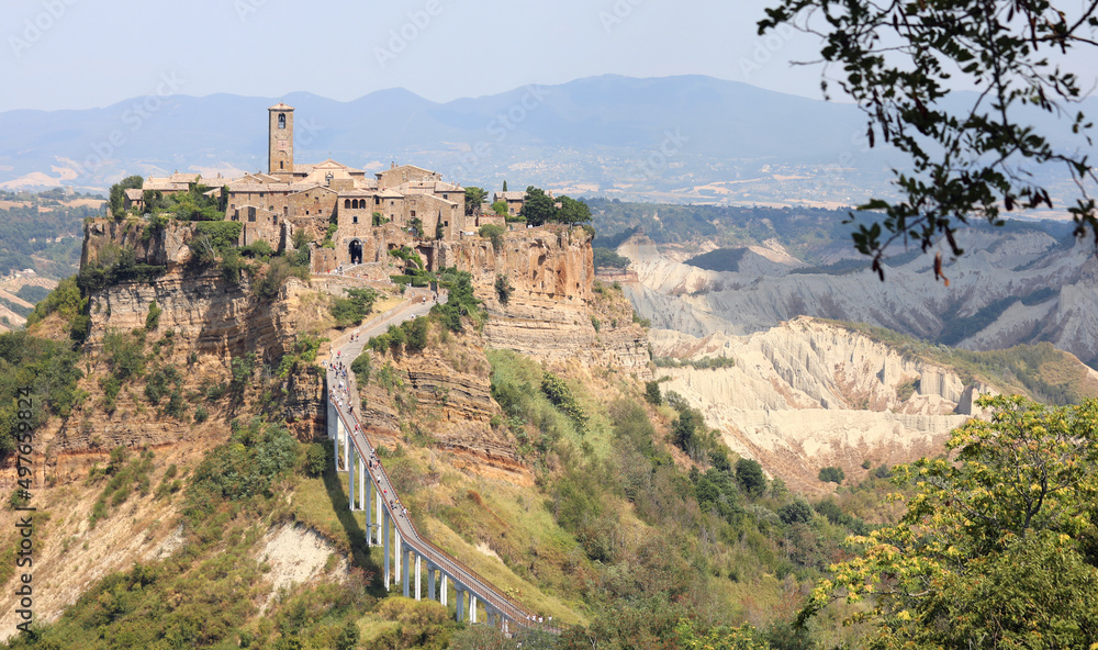 Ancient village built on a hill called Civita di Bagnoregio in central Italy connected with the rest of the Lazio region by a pedestrian bridge