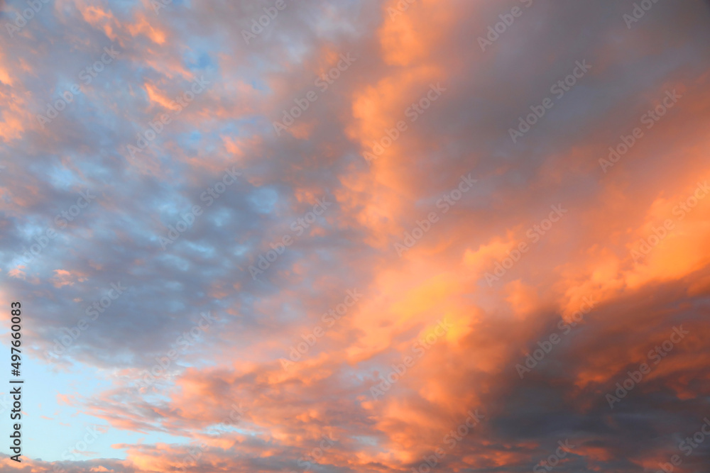 enchanting red and orange clouds with wonderful blue sunset sky ideal as a natural and romantic background