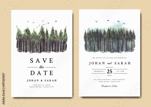 Watercolor wedding invitation of pine tree forest 