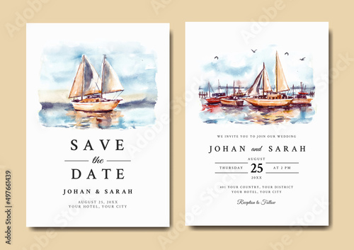 Watercolor wedding invitation of sunrise landscape with harbor and boat 