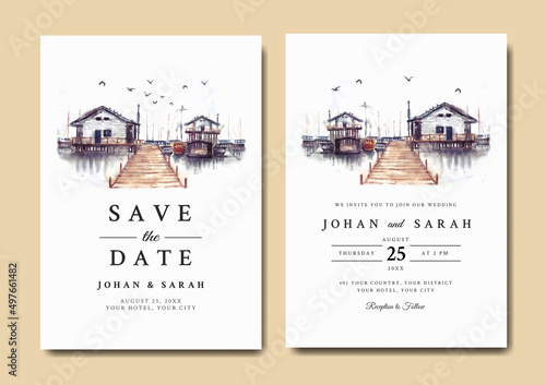 Watercolor wedding invitation of nature landscape with house and harbor view 