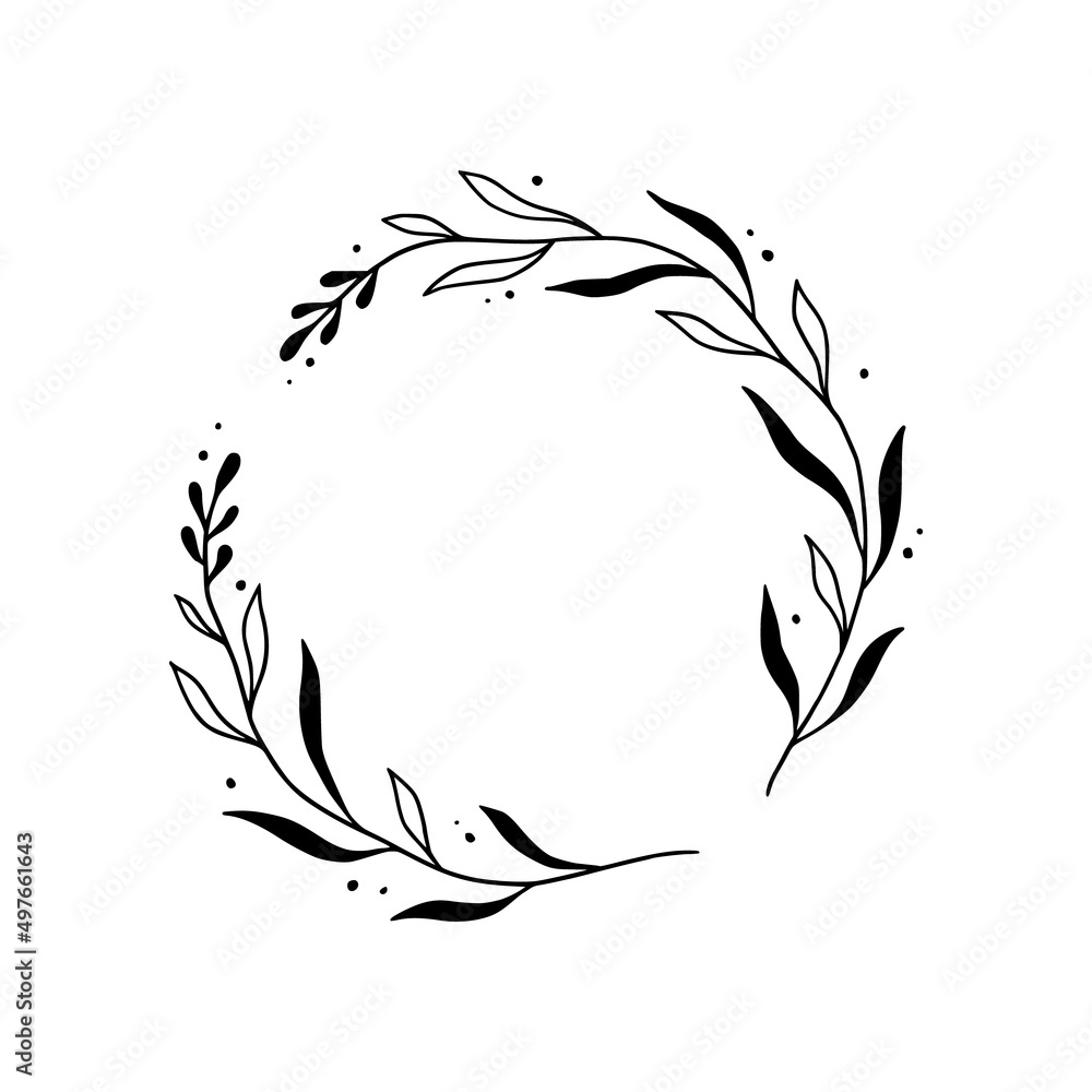 Floral circle frame, elegant wreath round border. Hand drawn doodle sketch style. Floral drawing frame, flourish design element for wedding, greeting card. Vector illustration. Floral circle frame, elegant wreath round border. Hand drawn doodle sketch style. Floral drawing frame, flourish design element for wedding, greeting card. Vector illustration.