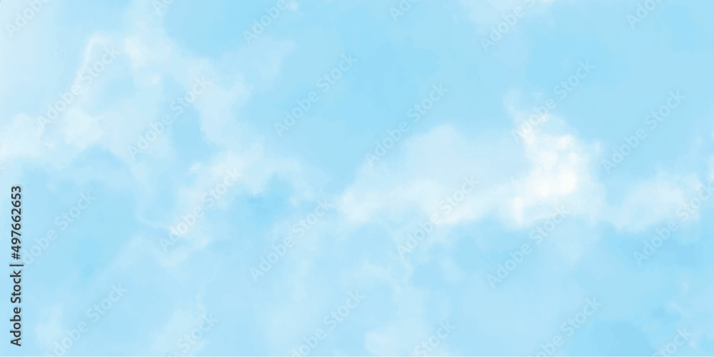 Blue watercolor sky background texture with white clouds - nice weather, vector illustration