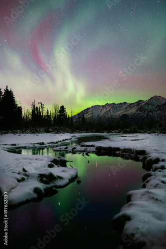 Northern Lights with Reflectio in Alaska's Mountains Over Thawed River photo