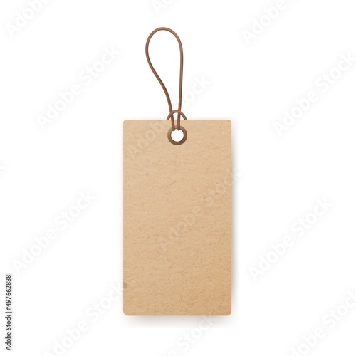 Craft cardboard label with loop and string. Kraft paper vintage price tag of rectangle shape, hanging on twine. Blank carton beige badge on thread. Vector illustration isolated on white background