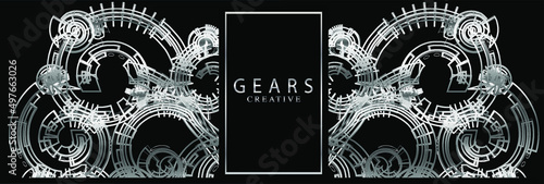 Luxury silver banner. Structure of gears on black background. Elegant industrial style pattern with silver frame for logo.