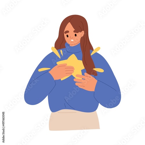 Person finding, discovering self. Revealing talents, skills concept. Extraordinary unique woman with star, outstanding personality. Psychology flat vector illustration isolated on white background