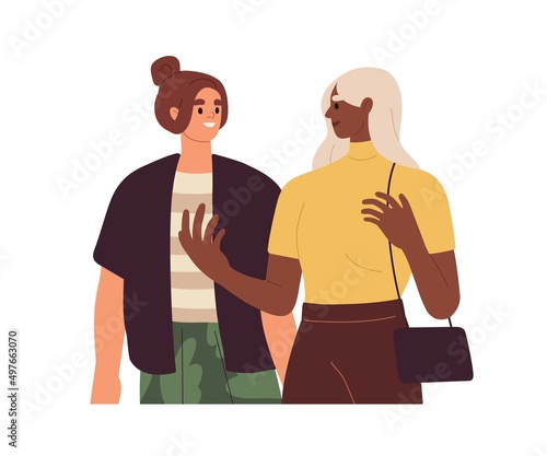 Women talking, gesturing. Biracial female couple chatting, speaking. Happy girlfriends communication. Girl friends of different races. Flat vector illustration isolated on white background