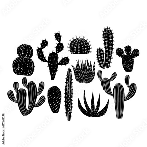 Cactus silhouette boho style. Stamp, linocut template isolated