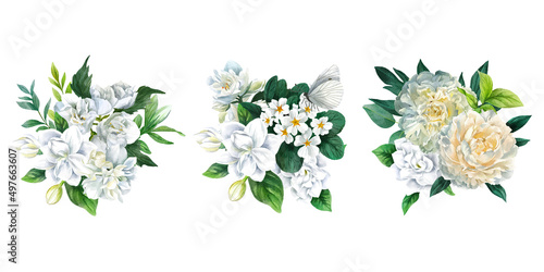 Set of three lush white floral bouquets, hand drawn
