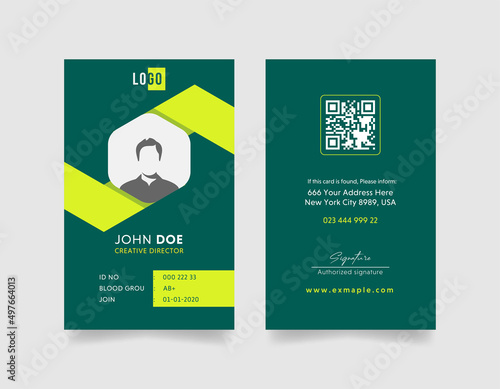 Modern ID Card Template with an author photo place | Office or Employee Id Card with green color for Business or Company