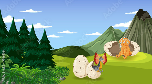 Prehistoric forest with dinosaur cartoon