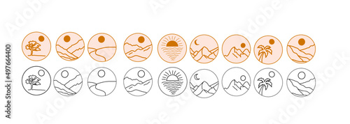Set of modern minimalistic landscapes in boho style: mountains, hills, tree, palm tree and sun, sunset or sunrise over the sea on a colored background