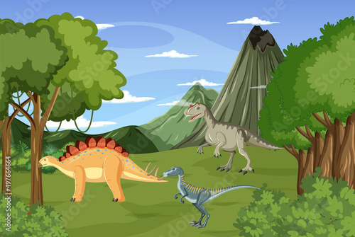 Nature scene with trees on mountains with dinosaur