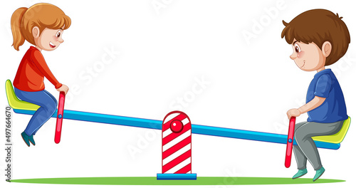 Children playing seesaw on white background photo