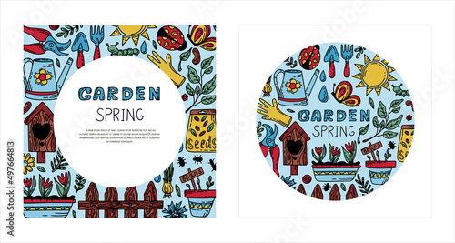 Vector gardening doodle banners. Cartoon hand drawn isolated design horticulture elements. Spring set for gardening and floriculture. Sketch of a nerd hobby icon