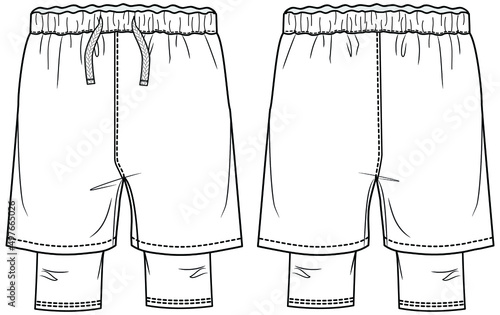 mens double layered running shorts with elasticated drawstring waistband front and back view flat sketch vector illustration. CAD mockup.