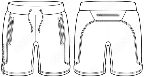 Sports shorts technical fashion illustration. flat apparel mens active wear running shorts. CAD mockup. photo