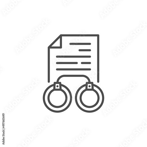 Arrest warrant document line icon. linear style sign for mobile concept and web design. Legal document with handcuffs outline vector icon. Symbol, logo illustration. Vector graphics