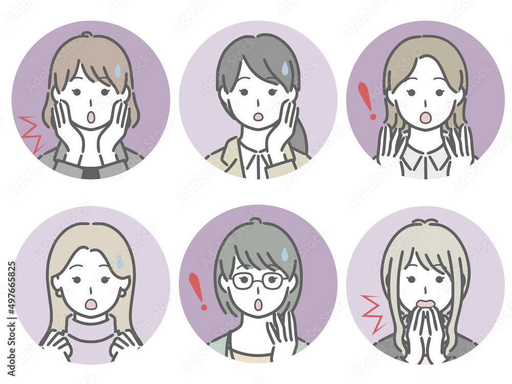 驚く女性の丸アイコンセット（仕事向きの服装）