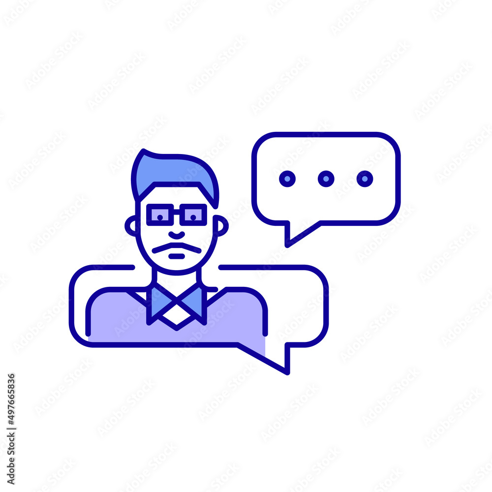 Young man wearing glasses and moustache working as a technical support agent. Pixel perfect, editable stroke blue and purple line icon