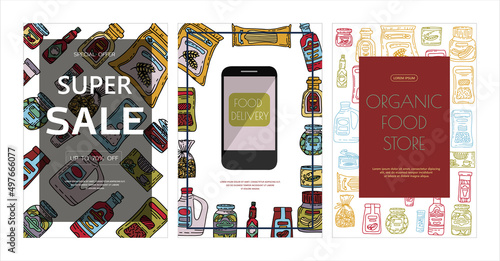 Vector doodle grocery store products. Hand drawn scetch banners. Food and drink. Natural canned, bakery and cereal products. Sale. Delivery.App store