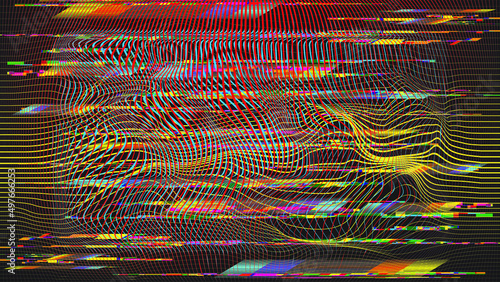 Glitch distorted geometric background . Modern art design . Noise destroyed glitched poster . Trendy defect error background with speed lines . Glitched artwork  .Hologram effect .vector 