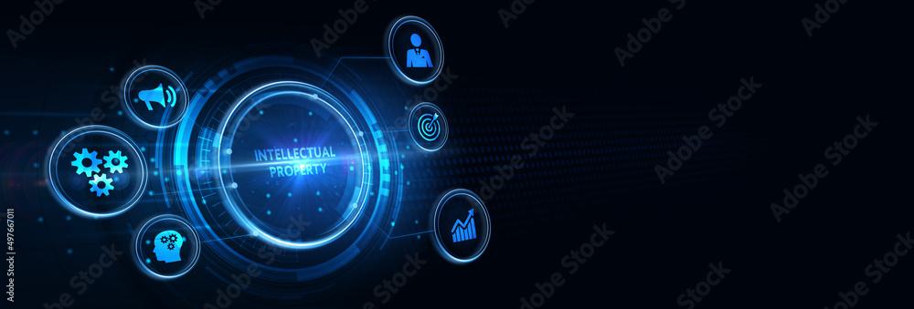 The concept of business, technology, the Internet and the network. virtual screen of the future and sees the inscription: Intellectual property. 3d illustration