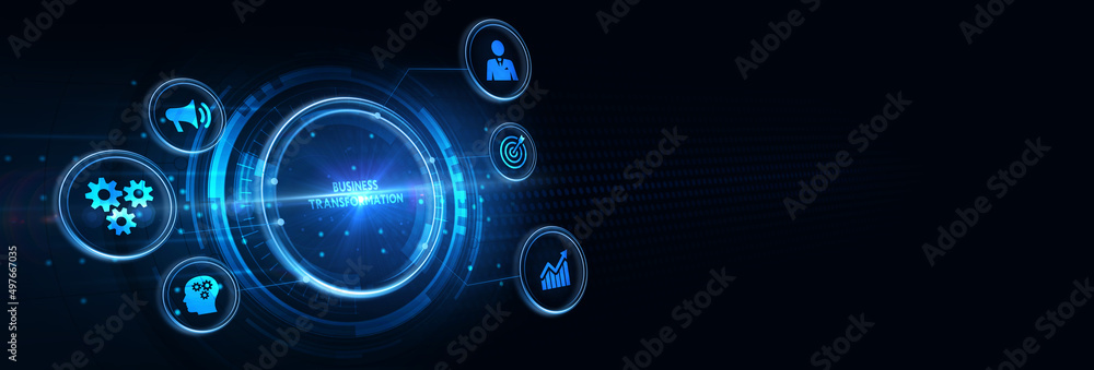 The concept of business, technology, the Internet and the network. virtual screen of the future and sees the inscription: Business transformation 3d illustration The concept of business, technology, the Internet and the network. virtual screen of the future and sees the inscription: Business transformation 3d illustration