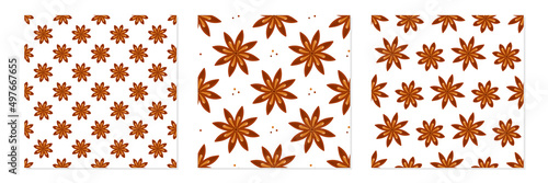 Set, collection of three vector seamless pattern backgrounds with star anise for spice and condiments design.
