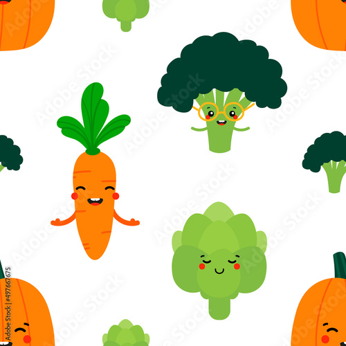 Vector seamless pattern background with funny and cute broccoli, pumpkin, artichoke, carrot characters for food design.