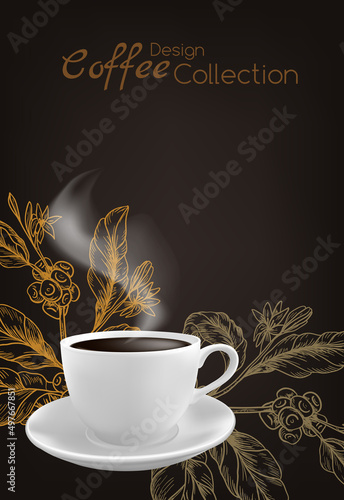 Coffee cup with coffee branch in engraving style on the dark background.