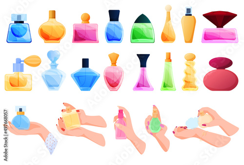 Set of fresh perfumes. Beautiful female hands present perfume. Vector illustration on a white background
