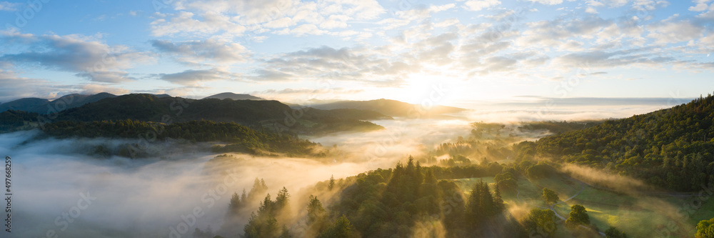 Skelwith Bridge and Loughrigg Aerial. Sunrise Lake District England Skelwith Bridge and Loughrigg Aerial. Sunrise Lake District England