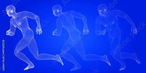 Beautiful naked man poses. male Body. 3d wireframe vector.