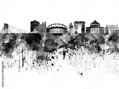 Bucharest skyline in black watercolor on white background