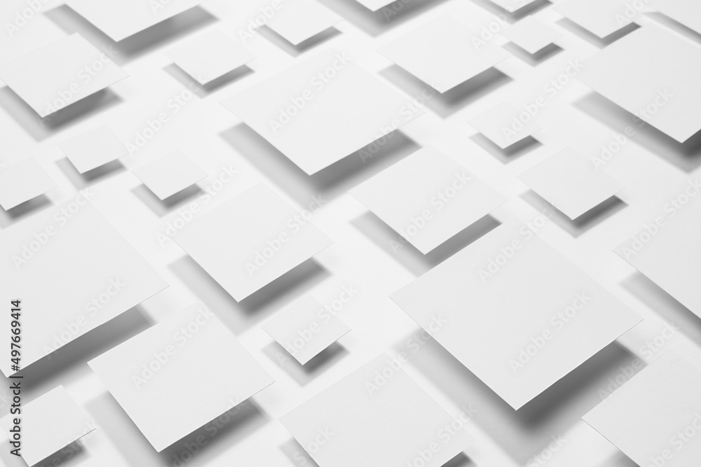 White abstract geometric background with fly rhombuses in bright light with soft gradient grey shadows, as pattern, top view. Simple mosaic backdrop in minimalist style. White abstract geometric background with fly rhombuses in bright light with soft gradient grey shadows, as pattern, top view. Simple mosaic backdrop in minimalist style.