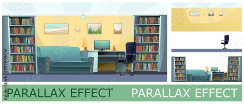 Office for work and study. Image from layers for overlay with parallax effect. Work desk with armchair and PC computer. Sofa book shelves. Cozy room. Cartoon funny style Horizontal illustration