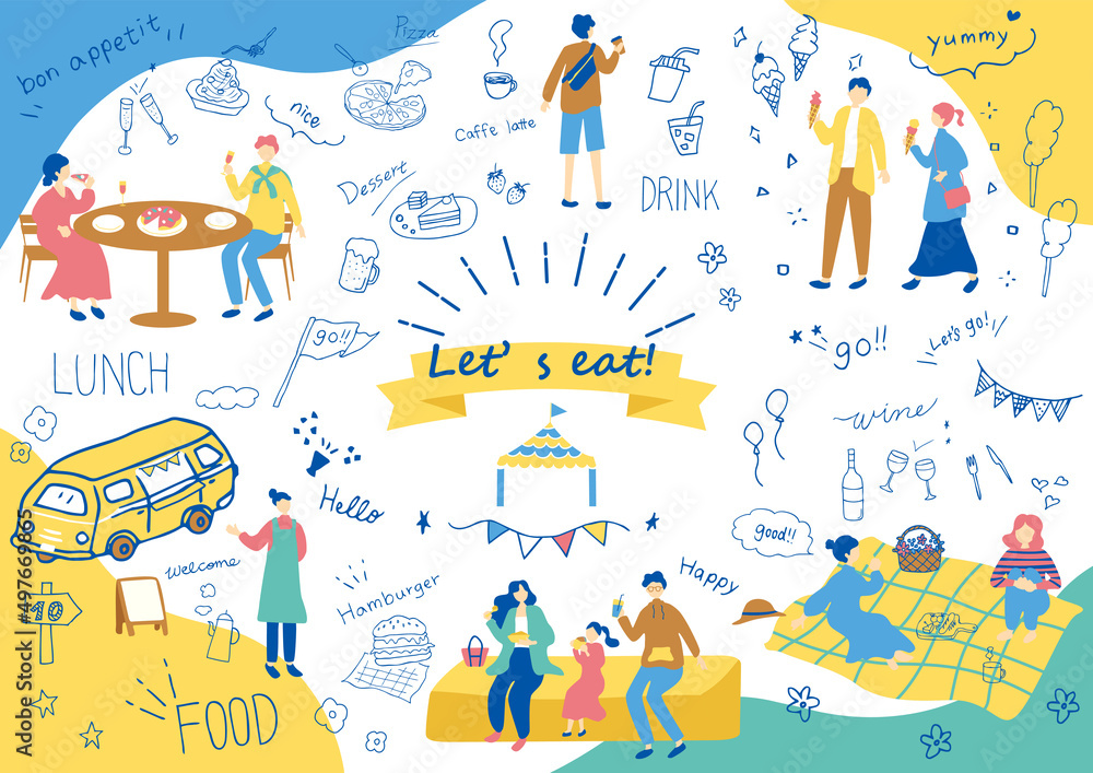 食事をする人達と可愛らしい手描きイラストセット 食事をする人達と可愛らしい手描きイラストセット