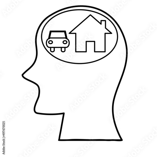 House and car in head icon . Line art and icons concept about business of home and car