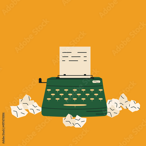 Concept of writing a book. Typewriter with crumpled sheet of paper. Flat vector illustration about creative process of the writer.