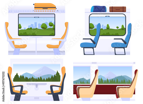Different types of train car interiors. Travel by rail. Vector illustration on a white background