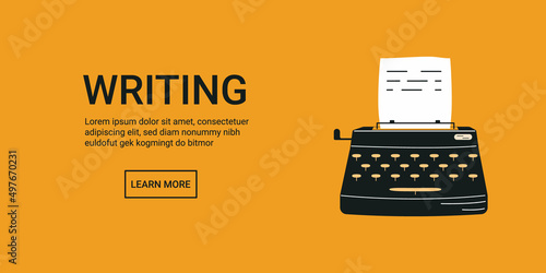Writing web banner with typewriter. Flat vector content creation concept. Minimalistic landing for writer or copywriter.