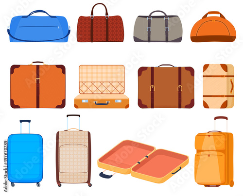 Set of travel bags. Travel luggage. Packing personal belongings in suitcases, bags. Vector illustration